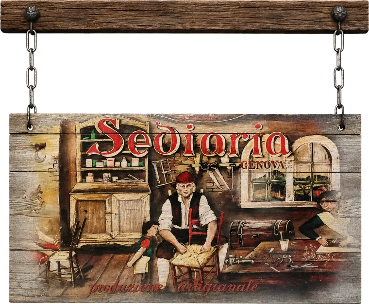 Sediaria Genova — l'insegna storica del negozio, appesa alle catene, con la scena della produzione artigianale di sedie
